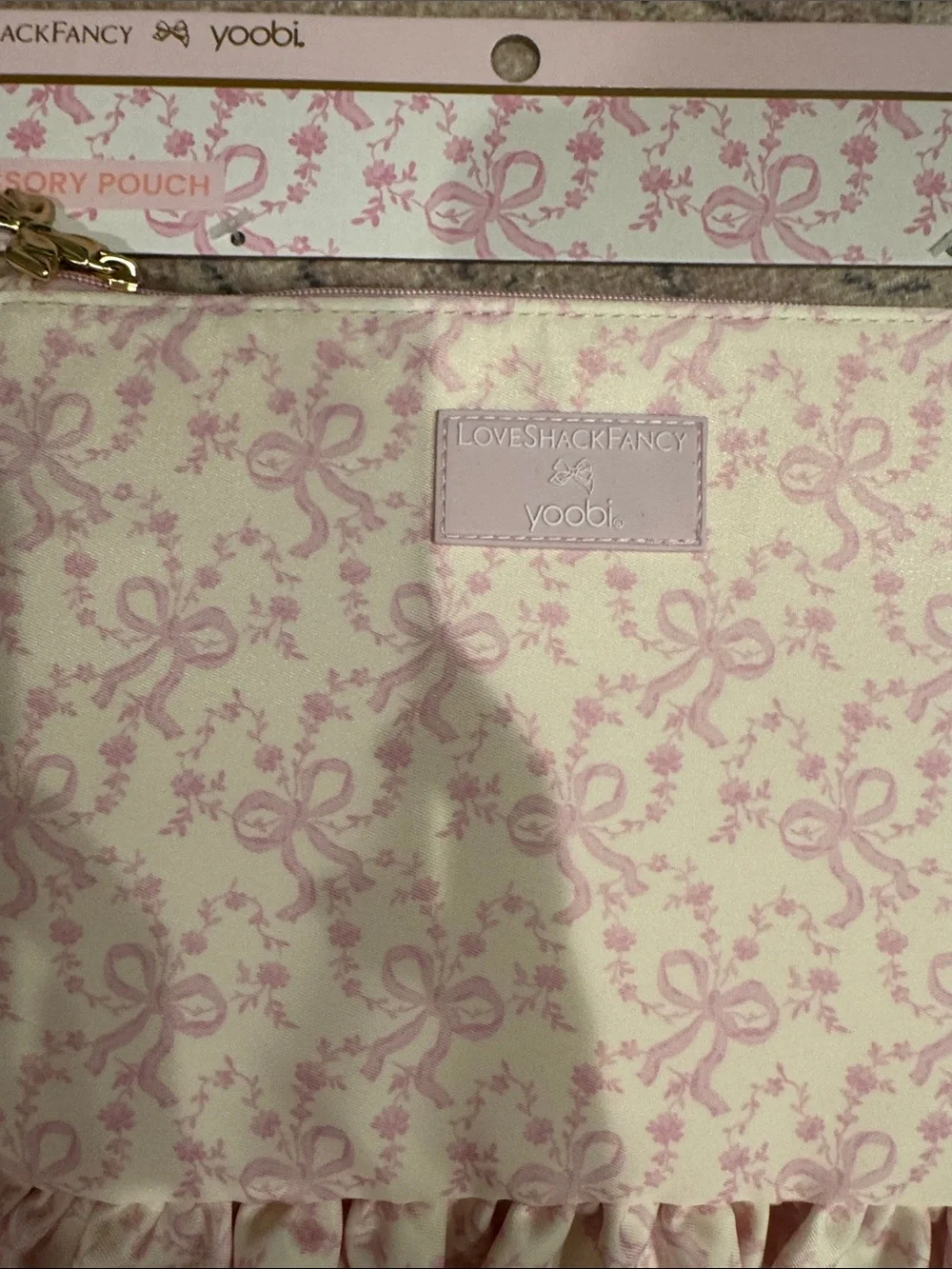 LoveShackFancy Pink and Cream Ruffled Pencil Case Pouch